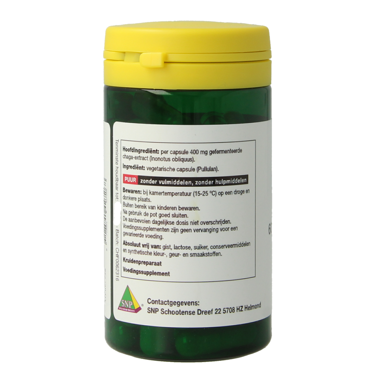 SNP Chaga fermented 400 mg vegetarian capsules in a bottle, herbal supplement for wellness and natural health.