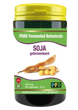 SNP Soja Fermented Puur vegetarian capsules in a bottle, herbal supplement from SNP brand, with capsule details visible.