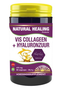 NHP Vis Collageen Hyaluronzuur puur vegetarian capsules bottle with label and capsules inside.