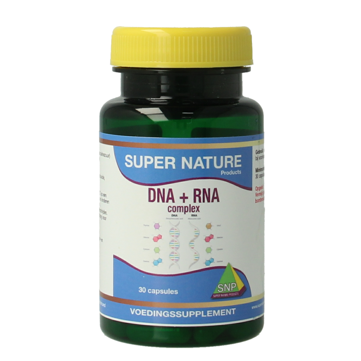 SNP DNA and RNA complex capsules in a bottle, dietary supplement for supporting cellular health and genetic function.