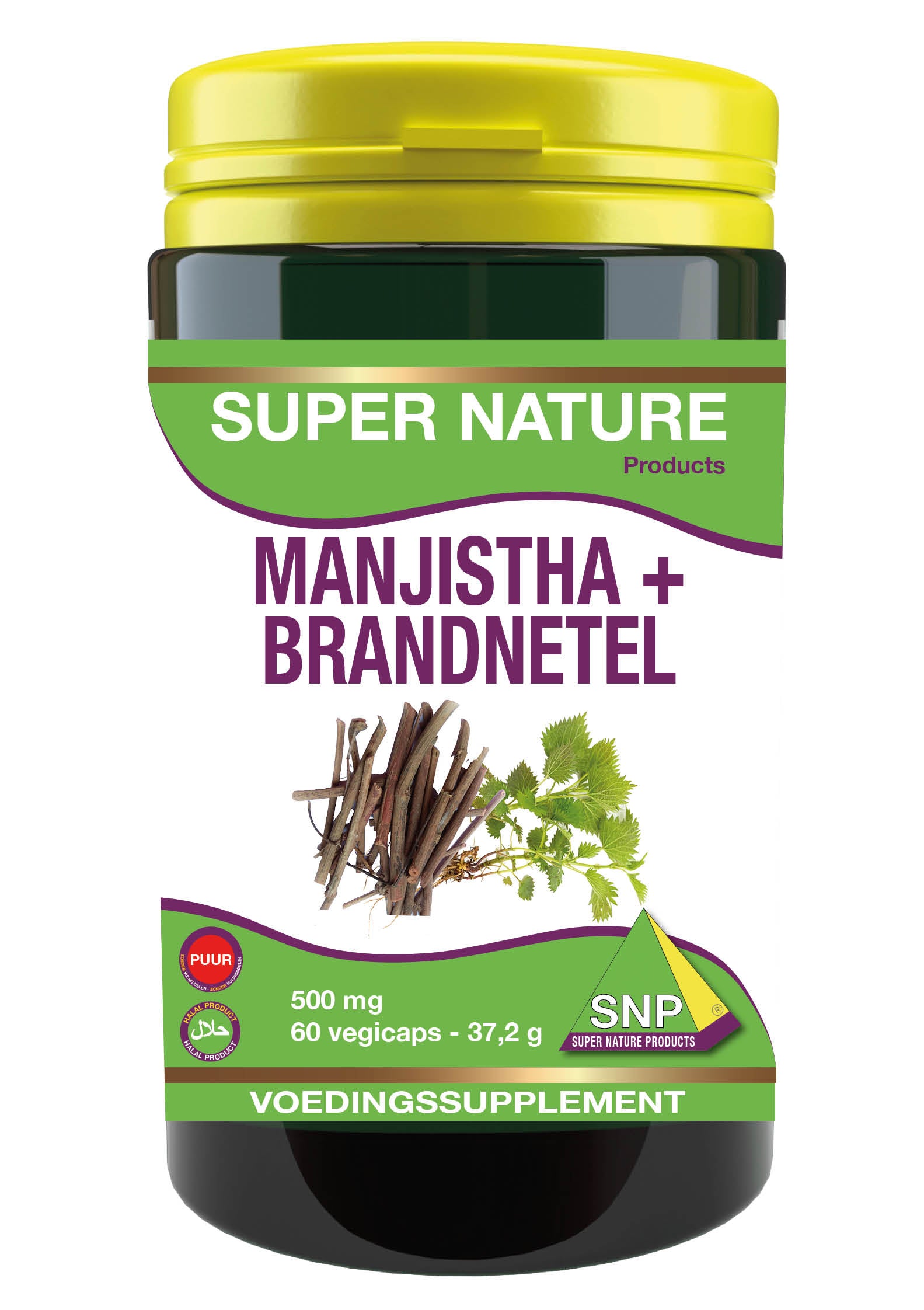 SNP Manjistha and brandnetel herbal capsules in a bottle, vegetarian supplement for wellness, shown in a close-up image.