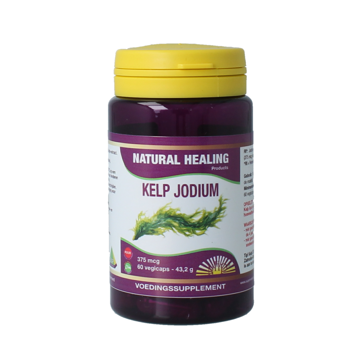 NHP Kelp Jodium 375mcg vegetarian capsules, mineral supplement with kelp, shown in a bottle with capsules.