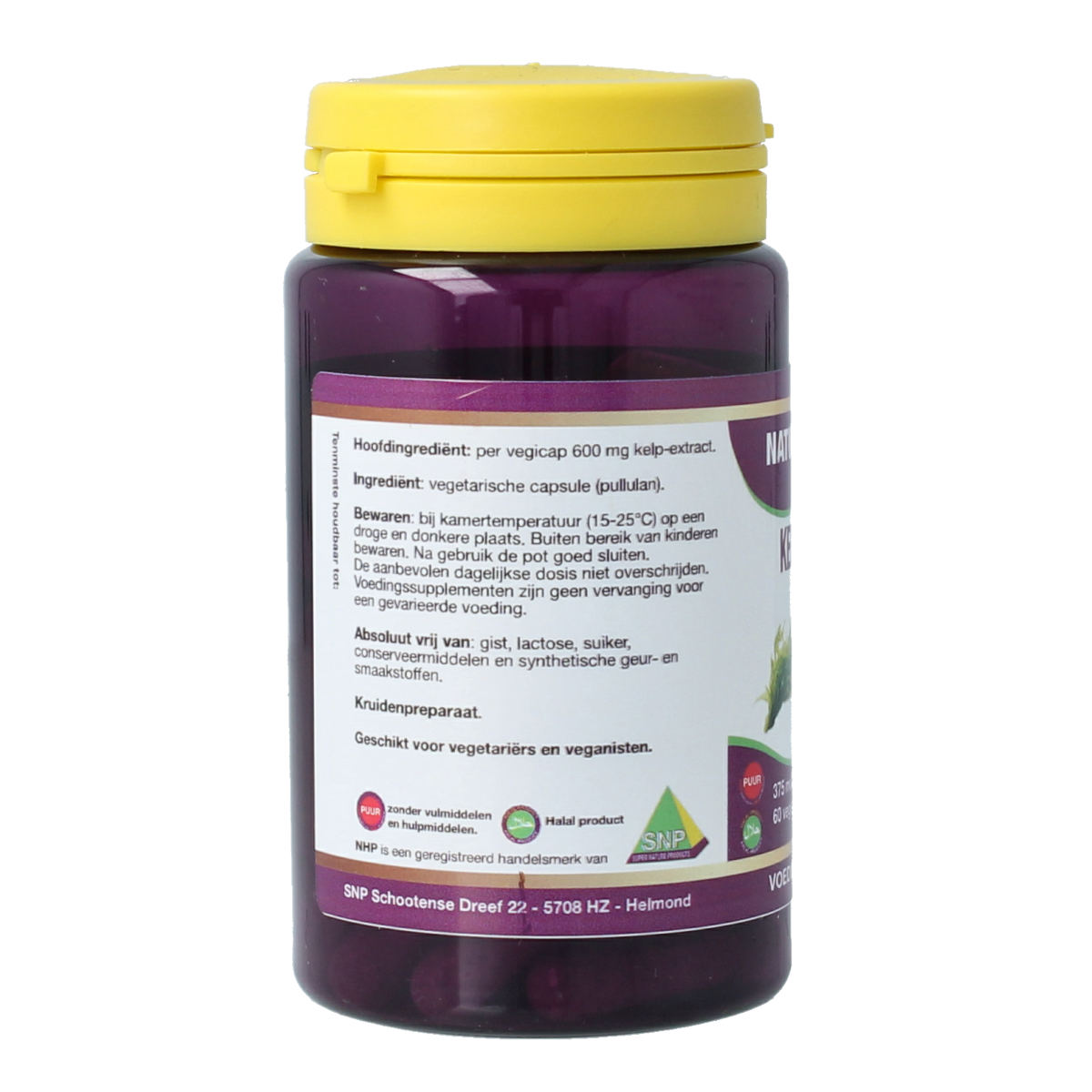 NHP Kelp iodine 375mcg vegetarian capsules, mineral supplement, bottle with capsules and label showing product details.