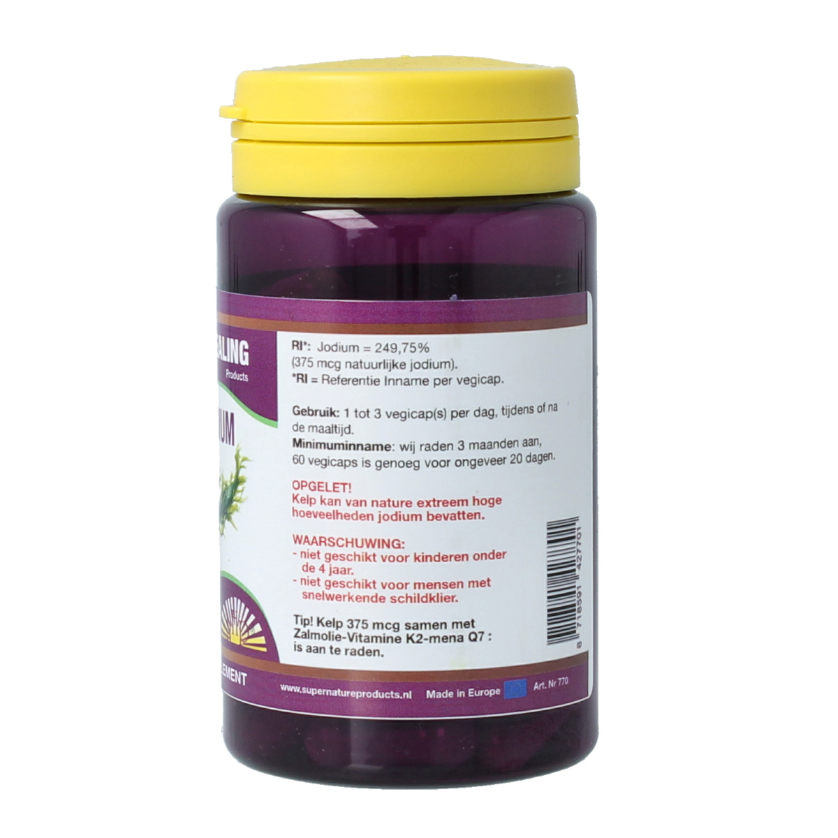 NHP Kelp iodine 375mcg vegetarian capsules, mineral supplement with green kelp tablets in a bottle.