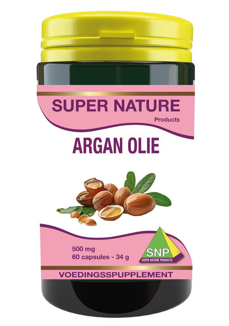 SNP Argan olie 500mg capsules, Vetzuren supplement, with a bottle of softgel capsules shown in the image.