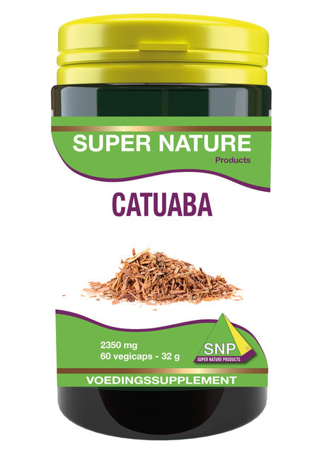 SNP Catuaba 470 mg vegetarian capsules in a bottle, herbal supplement for natural wellness and energy support.