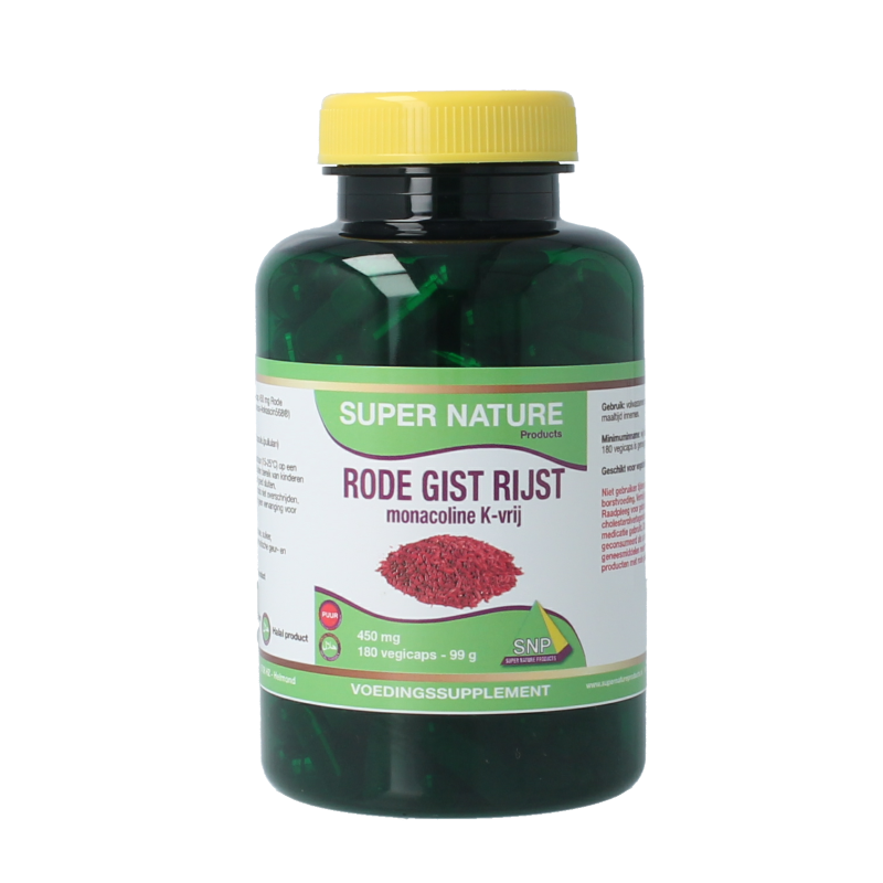 SNP Rode gist rijst Monacoline K-vrije vegetarische capsules, kruidenpreparaten in een groene pot met capsules zichtbaar