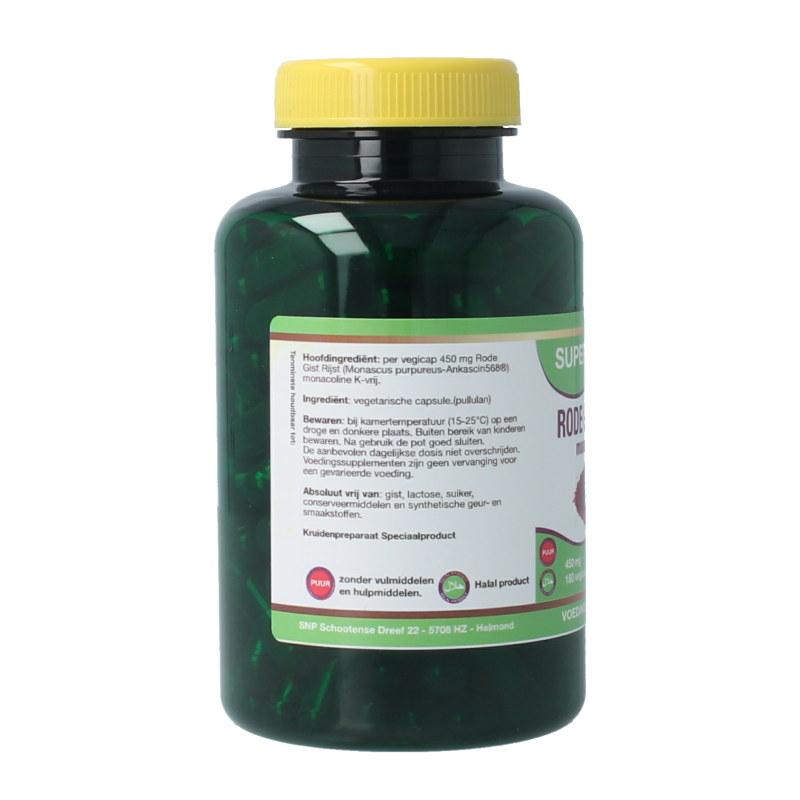 SNP Rode gist rijst Monacoline K-vrij vegetarische capsules in een blisterverpakking, kruidenpreparaat voor gezonde cholesterol.