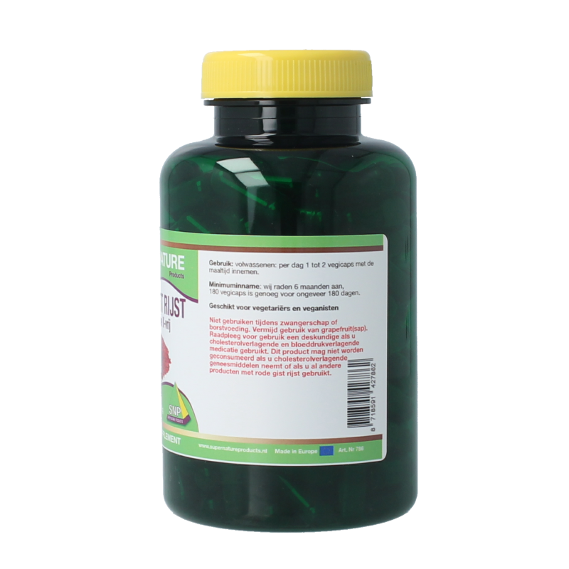 SNP Rode gist rijst Monacoline K-vrij vegetarische capsules in een heldere pot, kruidensupplement voor cholesterolverlaging.