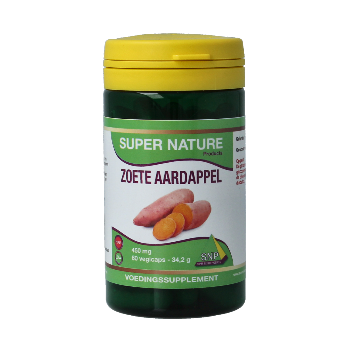 SNP Zoete aardappel puur vegetarian capsules in a bottle, herbal supplement for health and wellness.