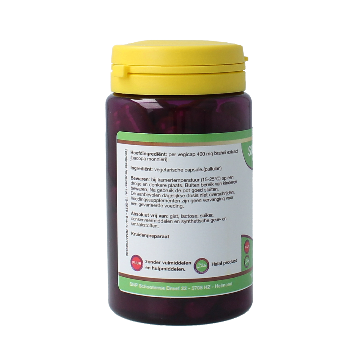 SNP Brahmi puur vegetarian capsules, herbal supplement in brown bottles with label, product image for SNP kruidenpreparaten.