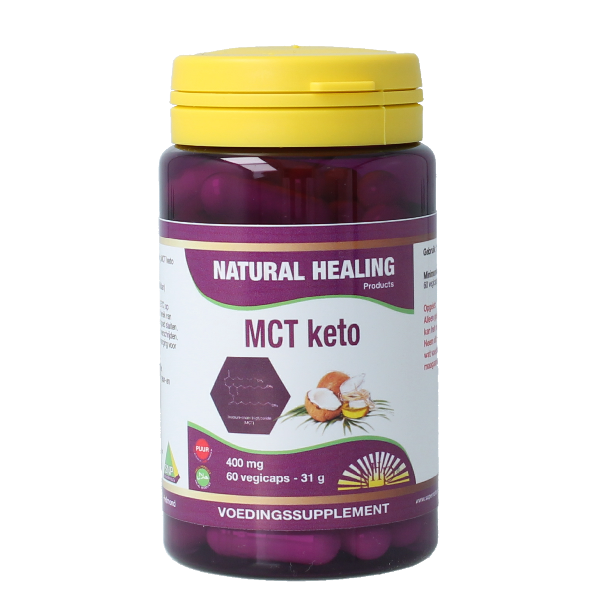 SNP MCT Keto vegetarian capsules, dietary supplement with MCT oils, in a white bottle with label, shown against a white background.
