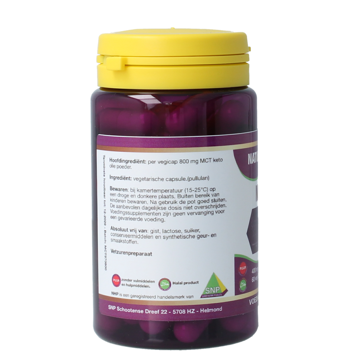 SNP MCT Keto vegetarian capsules, dietary supplement with MCT oils, in a clear bottle with label, designed for keto and health support.