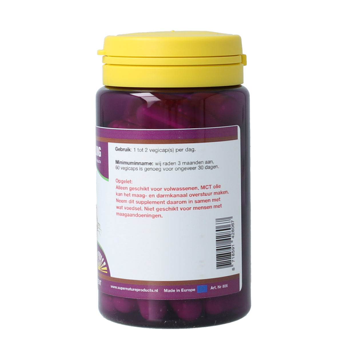 SNP MCT Keto vegetarian capsules containing MCT oil for energy and ketogenic support, displayed in a clear bottle.