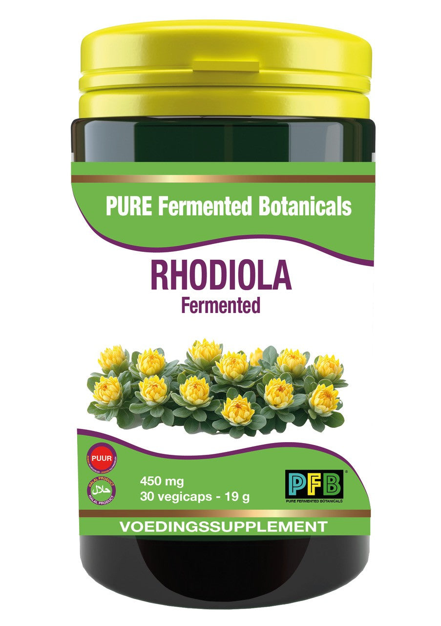 SNP Rhodiola fermented puur vegetarian capsules, herbal supplement in a clear bottle with 30 capsules visible inside.