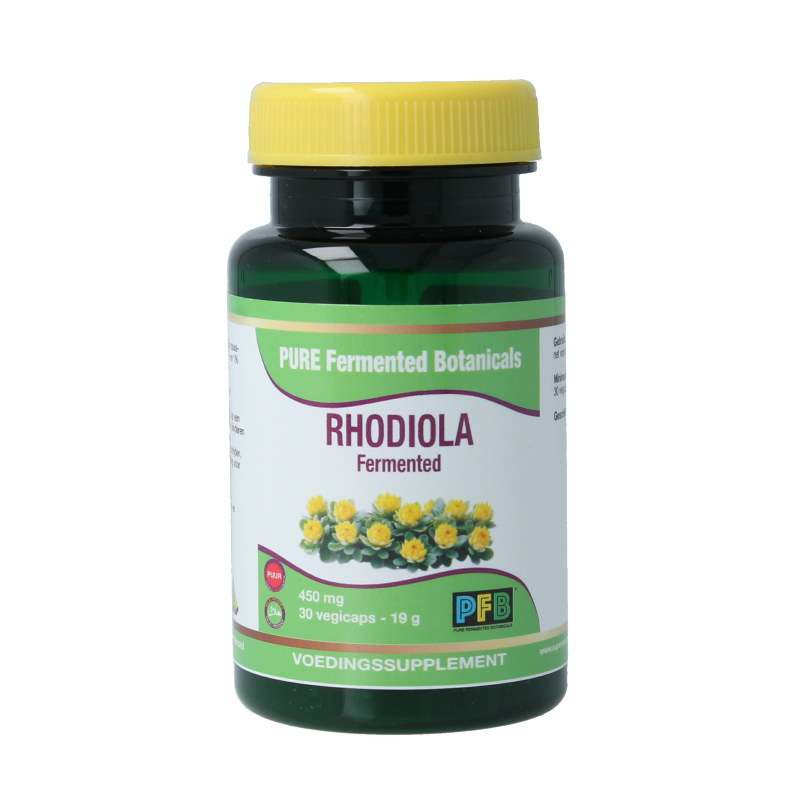 SNP Rhodiola fermented puur herbal capsules, vegetarian, 30 count, shown in a clear close-up image of the capsules.