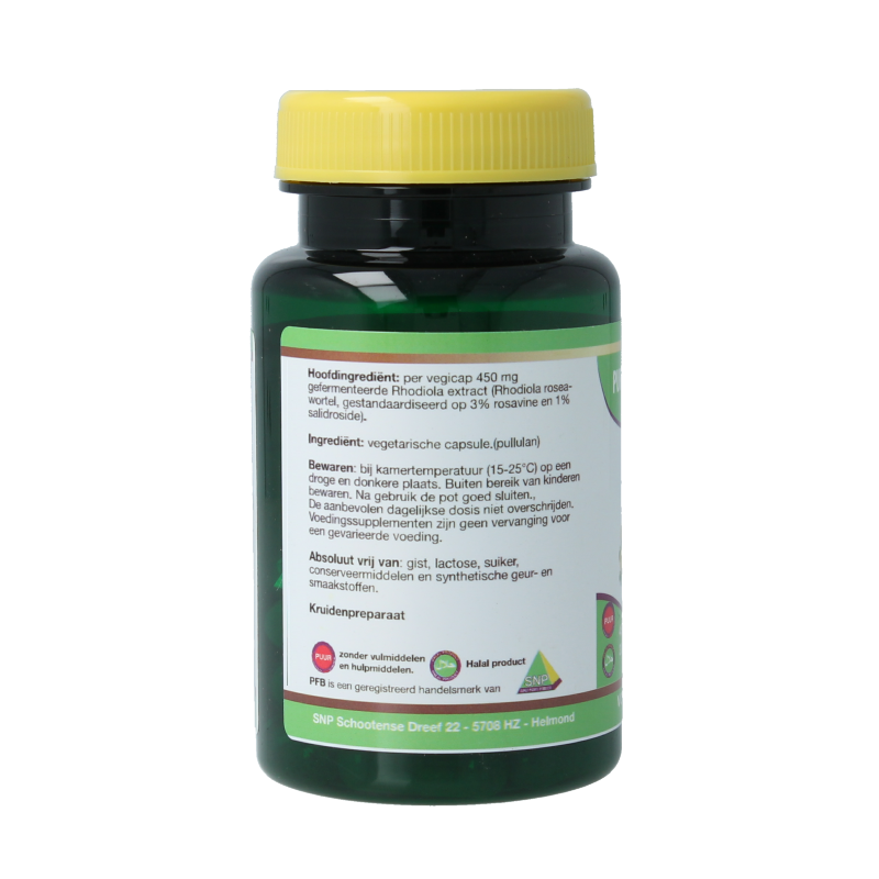 SNP Rhodiola fermented pure herbal supplement in 30 vegetarian capsules, featuring the herbal extract and capsule packaging.