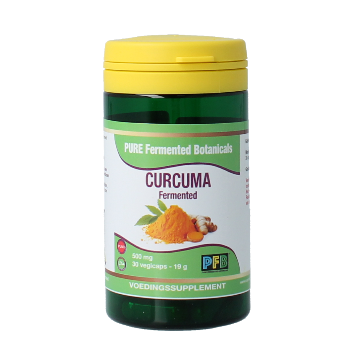 SNP Curcuma fermented vegetarian capsules, herbal supplement in clear bottle with yellow and orange capsules.