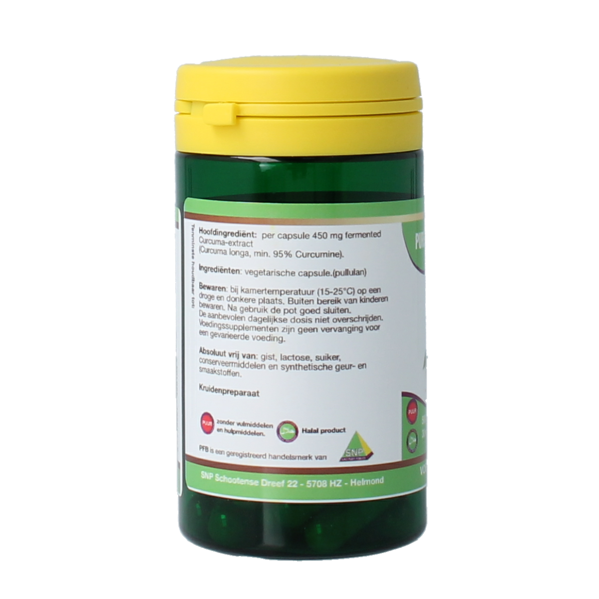 SNP Curcuma Fermented Puur vegetarian capsules in a clear bottle, herbal supplement for wellness and digestion.