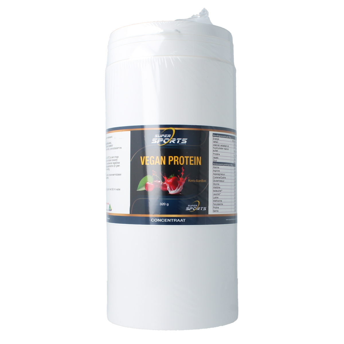 SNP Protein Kers Aardbei vegan amino acids supplement in 320g container, featuring strawberry flavor and nutritional ingredients.