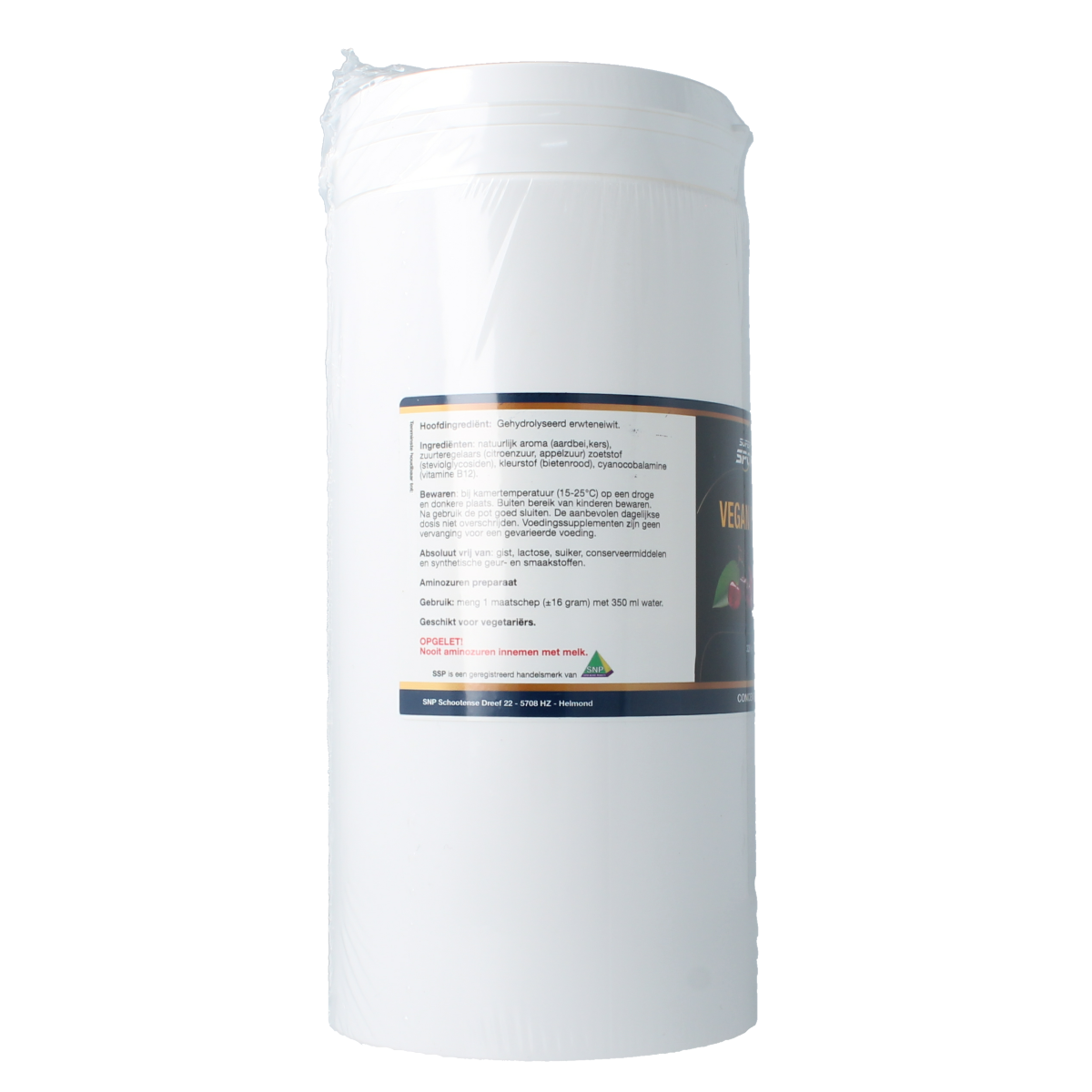 SNP Protein Kers Aardbei vegan amino acids supplement in 320g container, featuring strawberry flavor and brand logo.