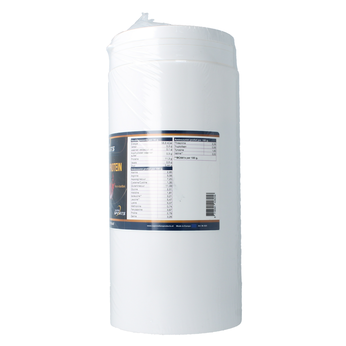 SNP Protein Kers Aardbei vegan amino acids supplement in 320g container, featuring strawberry flavor and natural ingredients.