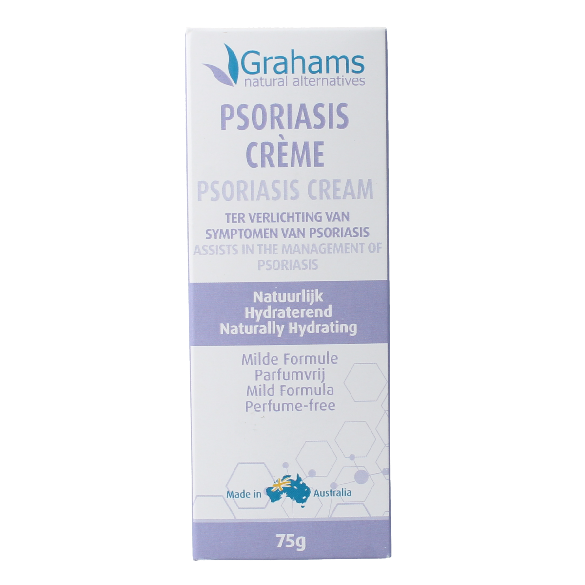 Grahams Psoriasis creme in 75g tube, a body care product designed to soothe and treat psoriasis-affected skin areas.
