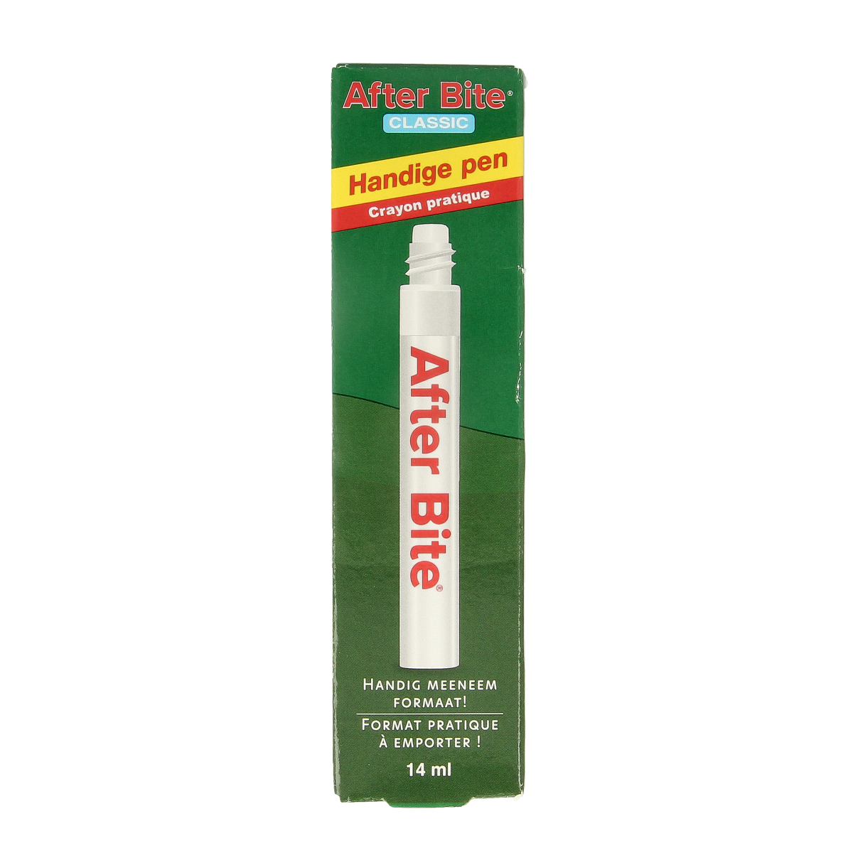 After Bite Insectenpen classic 14ml for relief from insect bites and stings, with a white pen applicator and blue cap.