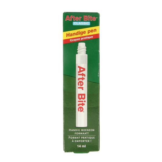 After Bite Insectenpen classic 14ml for relief from insect bites and stings, with a white pen applicator and blue cap.