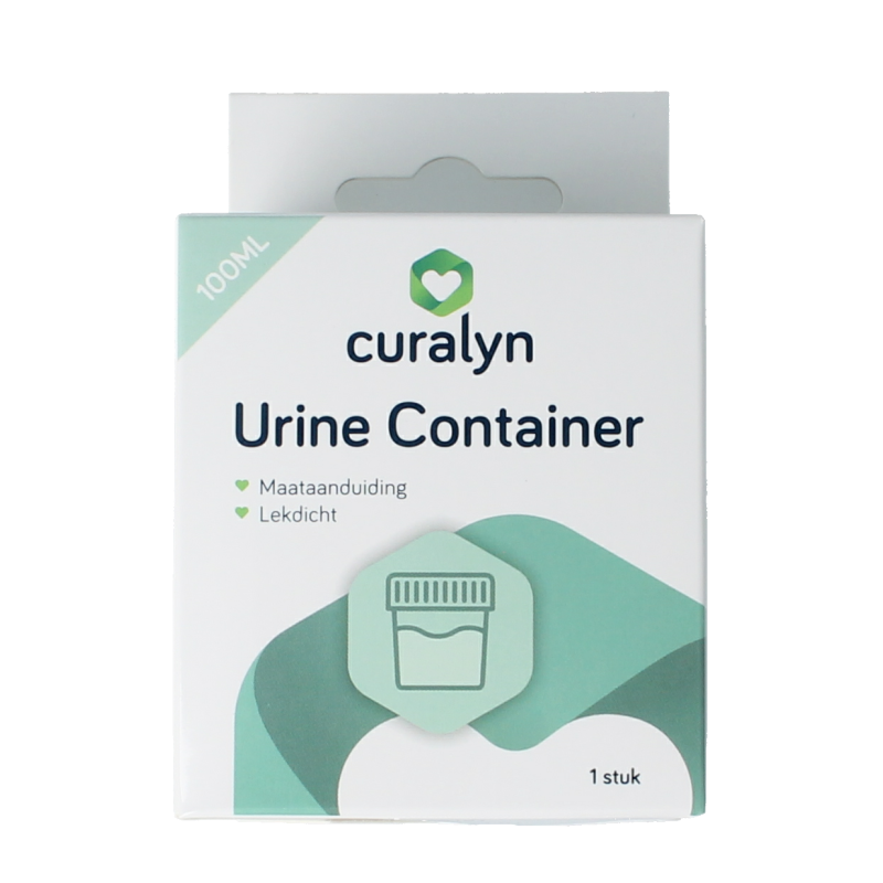 Curalyn urine container for catheter and urine collection, featuring a clear plastic design with measurement markings.