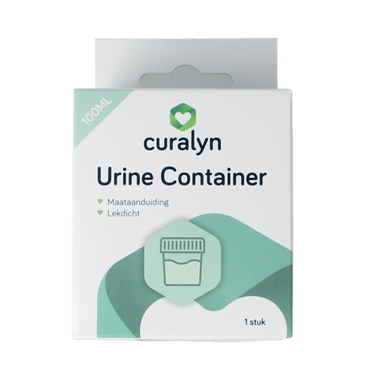 Curalyn urine container for catheter and urine collection, featuring a clear plastic design with measurement markings.