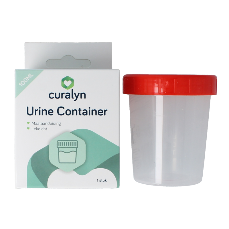 Curalyn urinecontainer for catheter and urine collection, clear plastic container with measurement markings, used for medical purposes