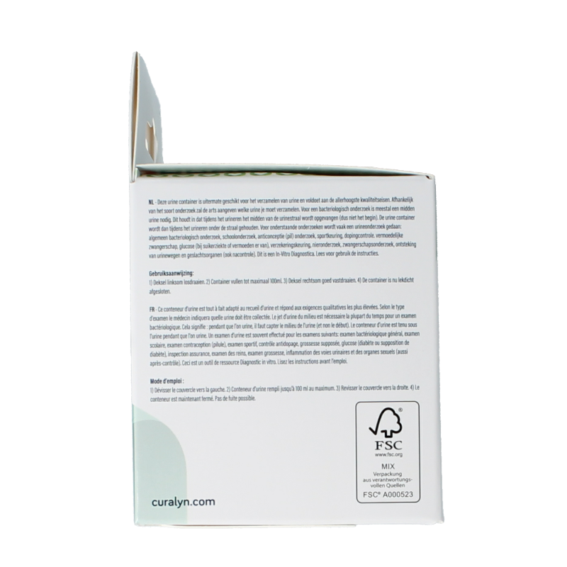 Curalyn urine container for catheter and urine collection, single unit, clear plastic with measurement markings.