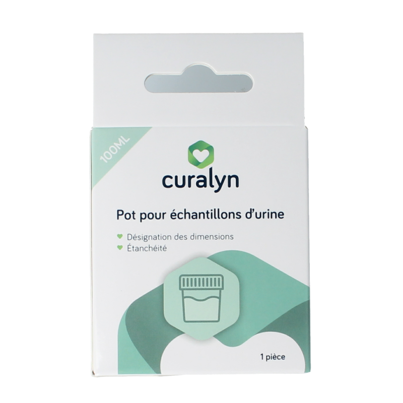 Curalyn urine container for catheter and urine collection, showing a clear plastic medical container with measurement markings.