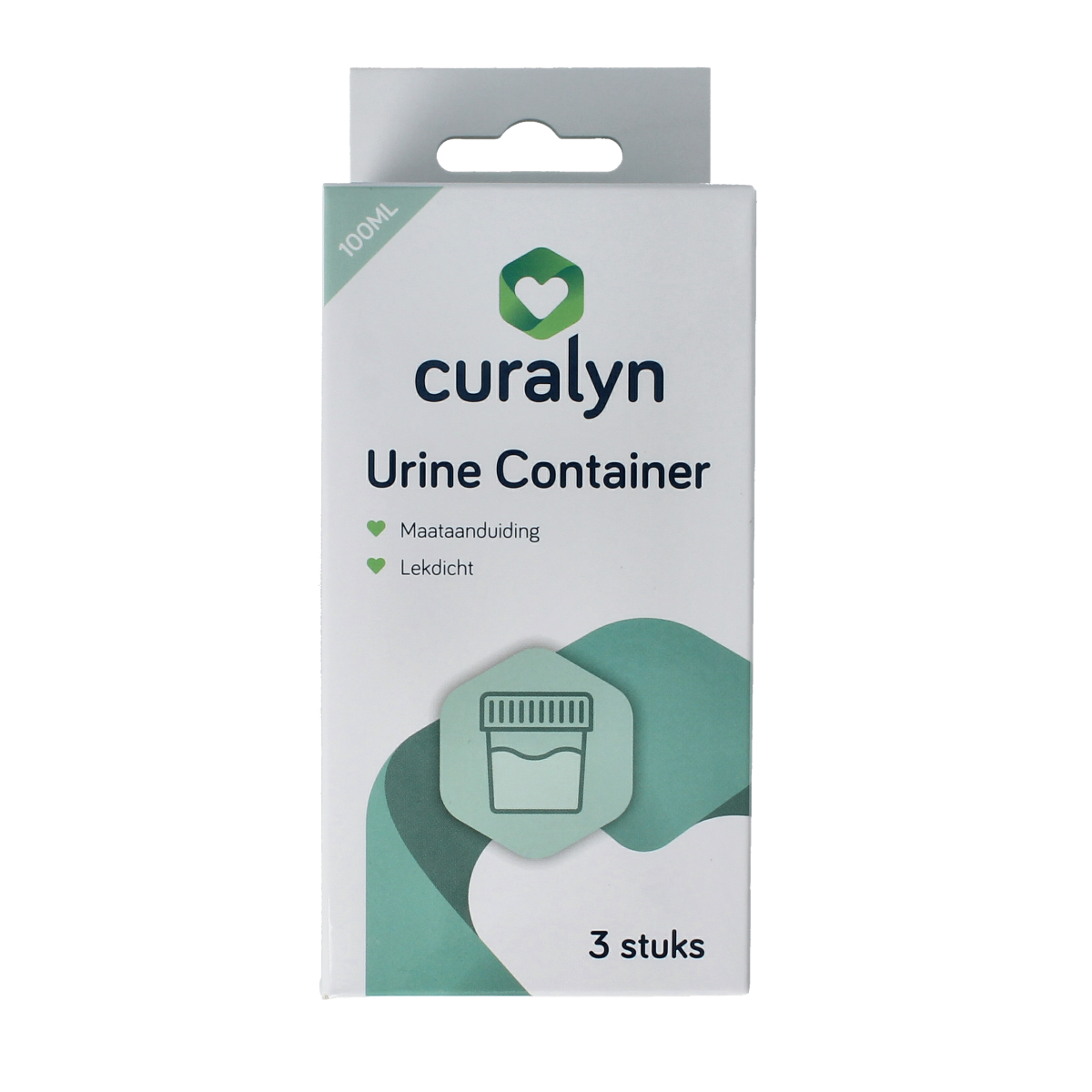 Curalyn urine container set with three sterile catheters and urinals for medical use, featuring clear plastic design.