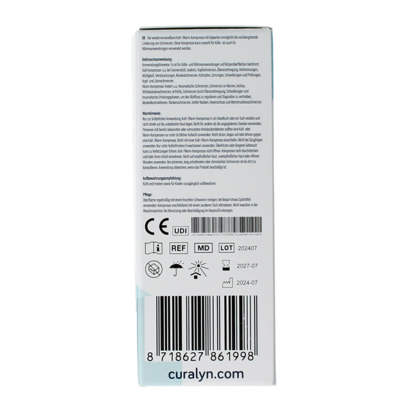 Curalyn warm and cold compress in a single pack, soft fabric cover with adjustable strap for targeted pain relief.