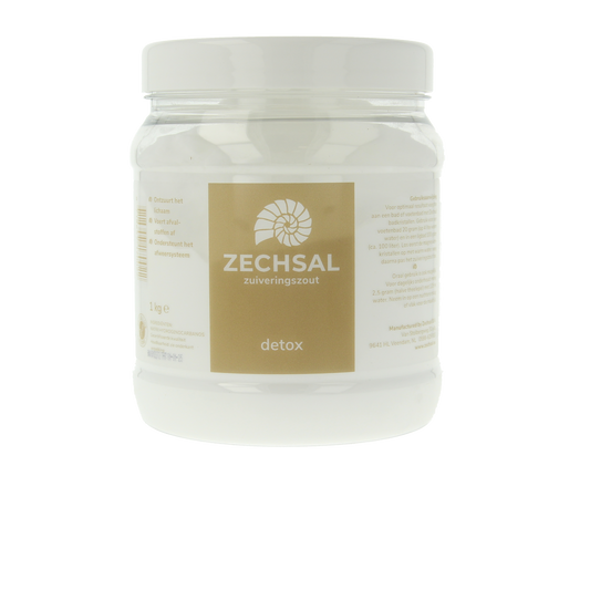 Zechsal Zuiveringszout 1kg for bath and shower, showing a white bag of natural baking soda with Zechsal branding.