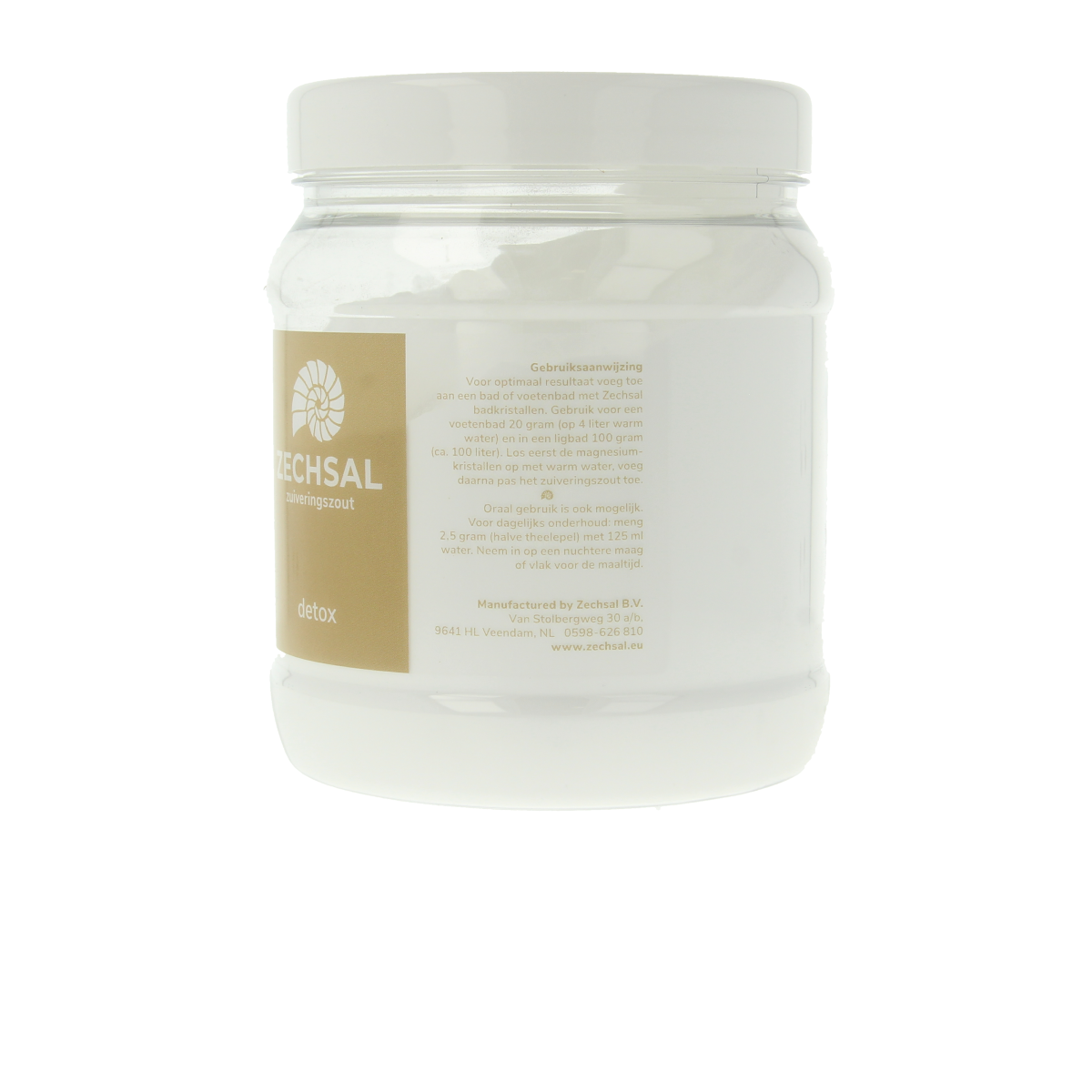 Zechsal Zuiveringszout 1kg in a container, ideal for bath and shower use, natural mineral salt from Zechsal.