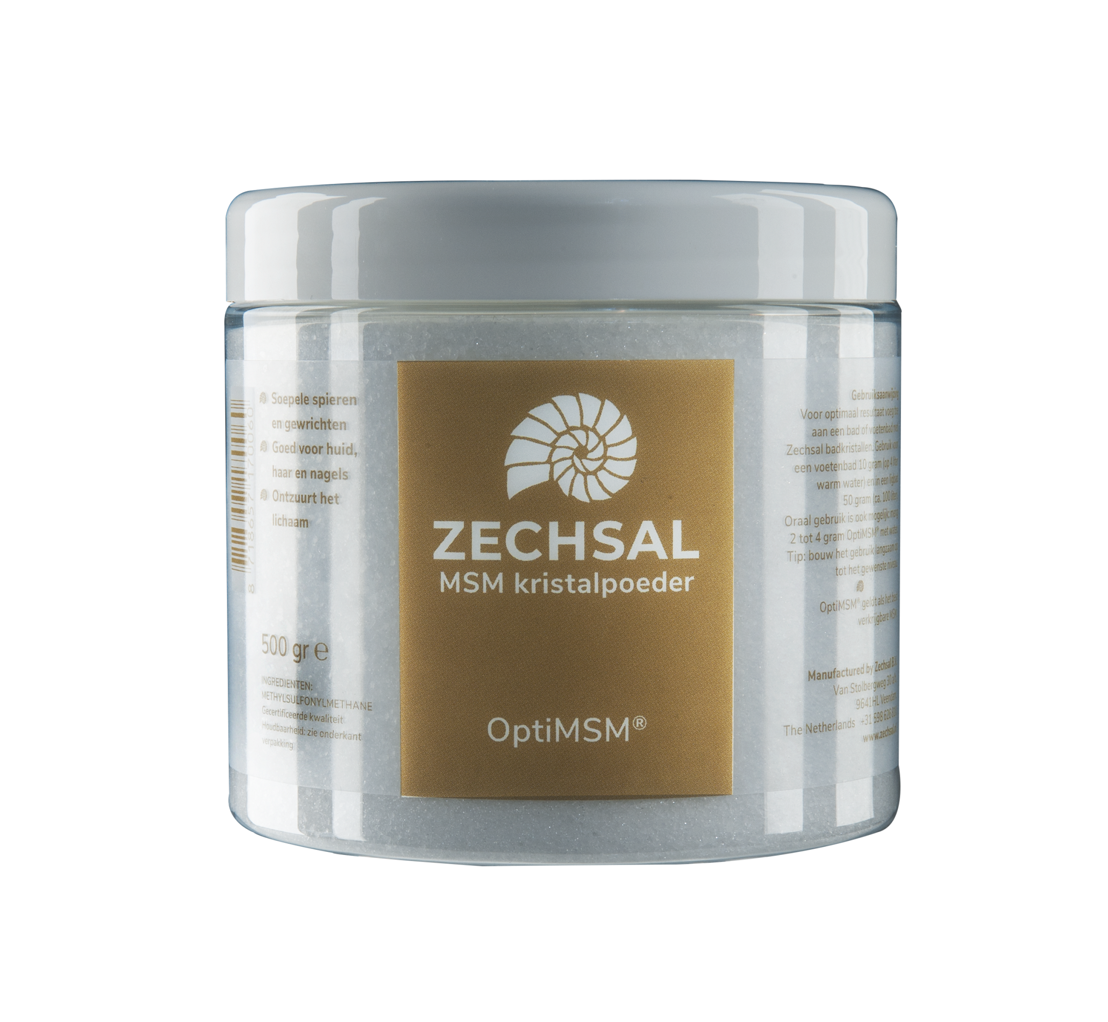 Zechsal Opti MSM 500g bath and shower product with white and blue packaging, featuring the Zechsal brand logo.