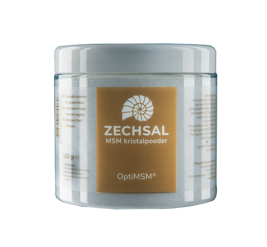 Zechsal Opti MSM 500g bath and shower product with white and blue packaging, featuring the Zechsal brand logo.