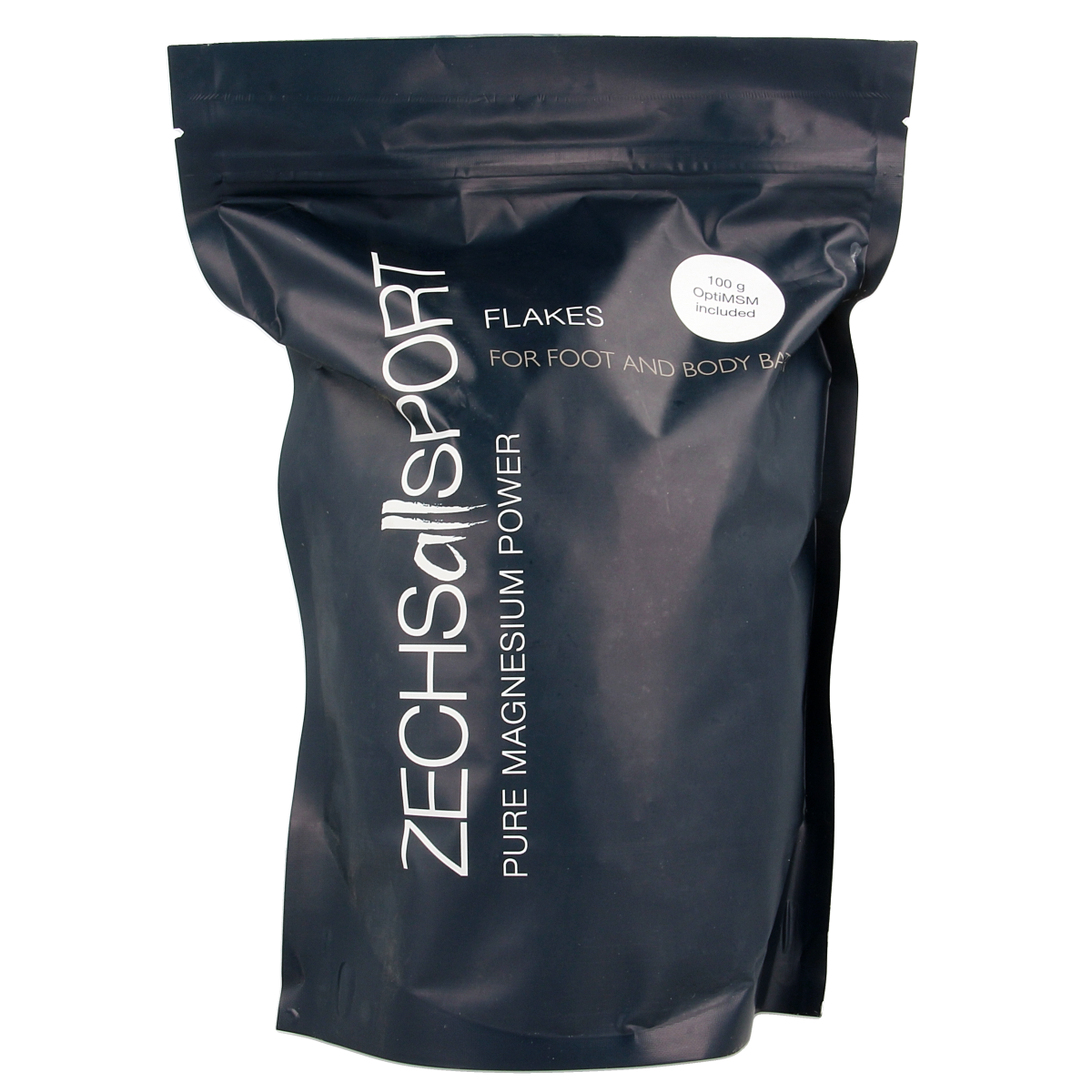 Zechsal Sport magnesium and MSM foot care product in a 1100g container with a white label and green accents.