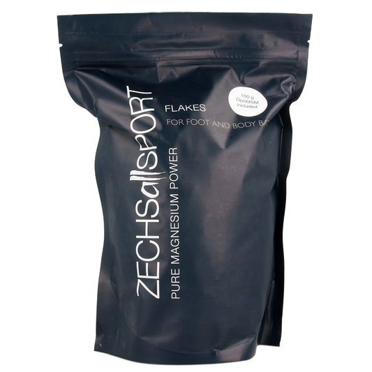 Zechsal Sport magnesium and MSM foot care product in a 1100g container with a white label and green accents.