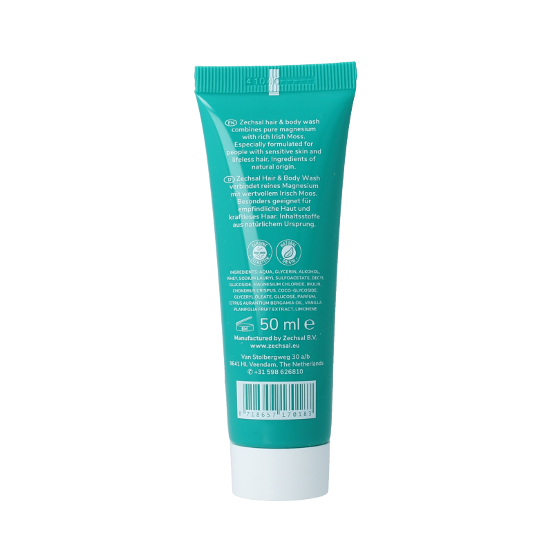 Zechsal Hair & Body Wash op reis 50ml bottle, natural hair and body care product in a compact travel size.