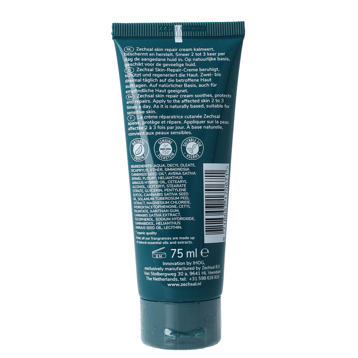 Zechsal Repair Cream 75ml for body care, featuring a white tube with green accents and the Zechsal logo, on a white background.