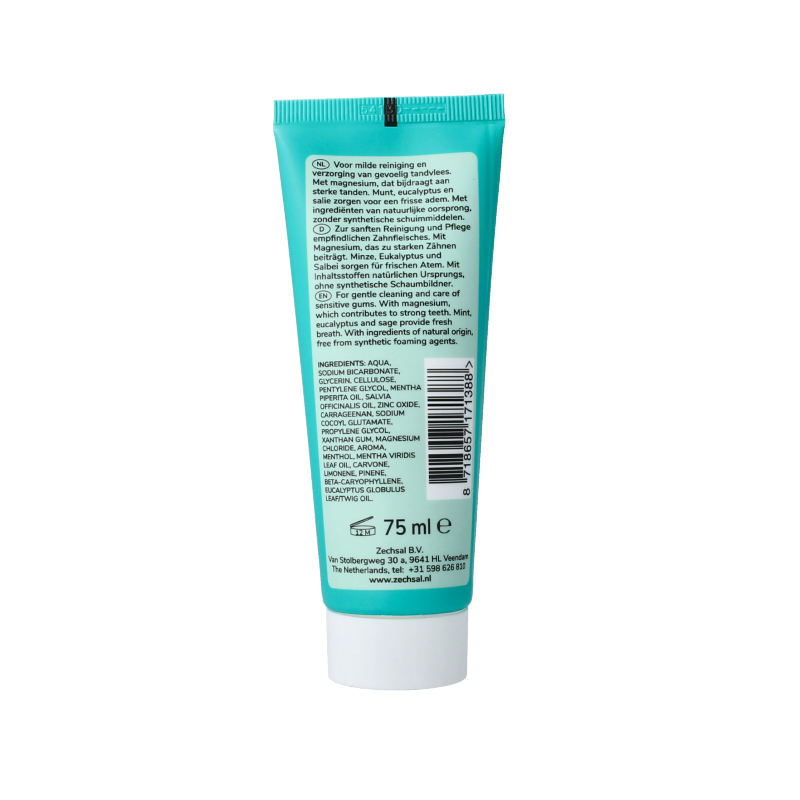 Zechsal magnesium toothpaste in a 75ml tube, featuring a white and green packaging design with the brand logo.
