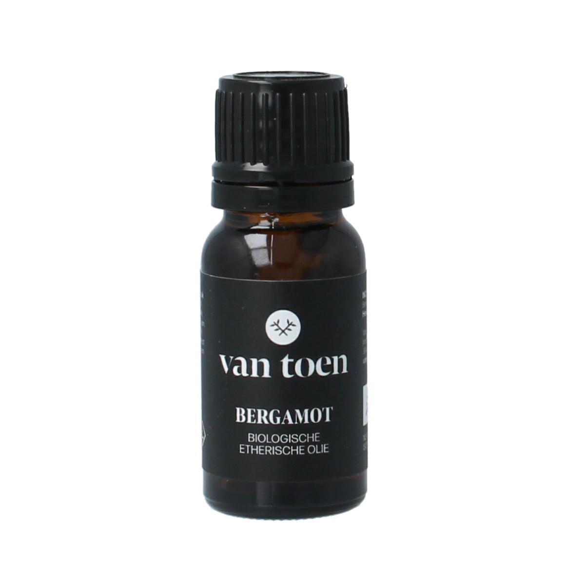 Van Toen Bergamot bio essential oil bottle, 10ml, natural aromatic etherische oliën with citrus scent, in a clear glass bottle.