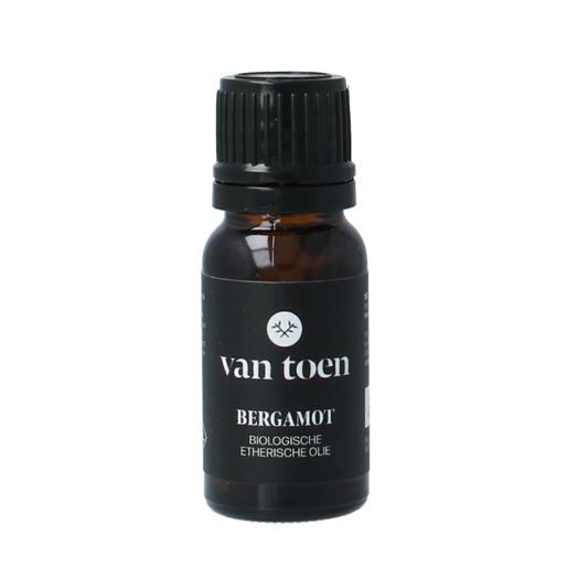 Van Toen Bergamot bio essential oil bottle, 10ml, natural aromatic etherische oliën with citrus scent, in a clear glass bottle.