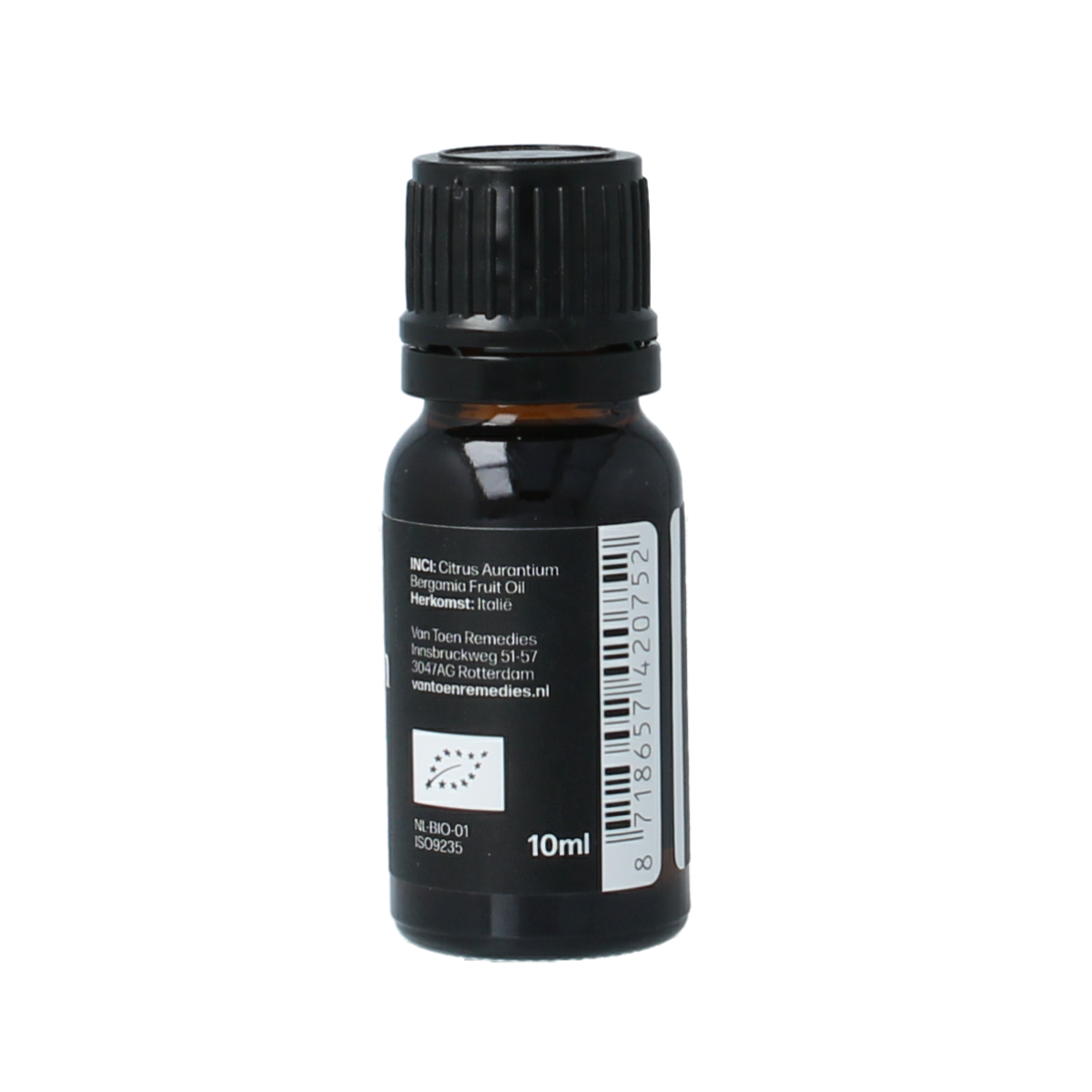 Van Toen Bergamot bio essential oil bottle with dropper, 10ml, natural citrus aroma in a clear glass container.