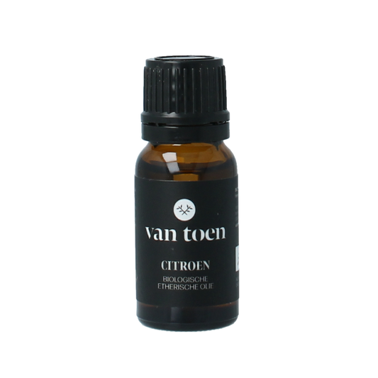 Van Toen Citroen bio essential oil bottle, 10ml, showcasing the amber glass container and label with citrus imagery.