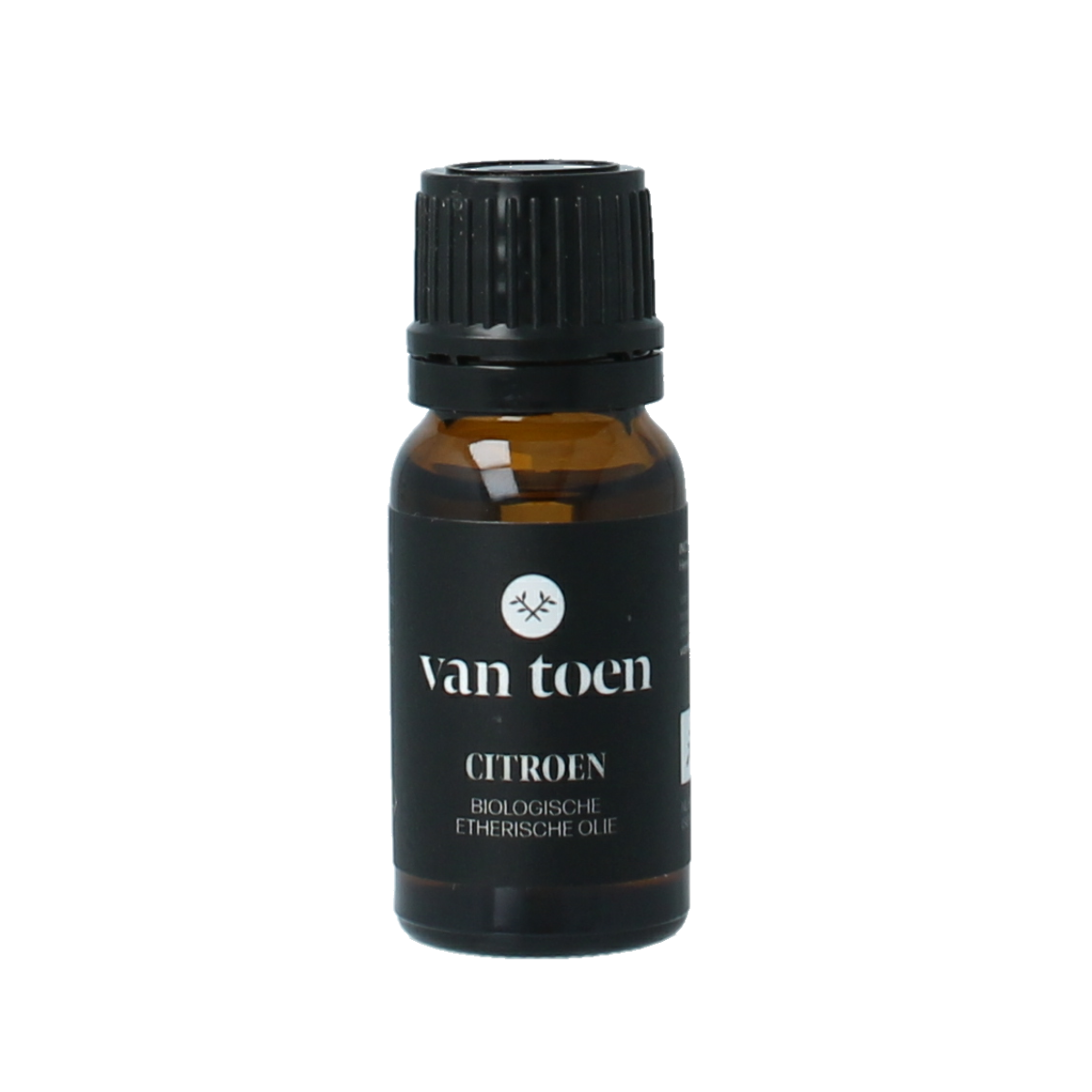 Van Toen Citroen bio essential oil bottle, 10ml, with a clear label and cap, showing the natural citrus aroma.